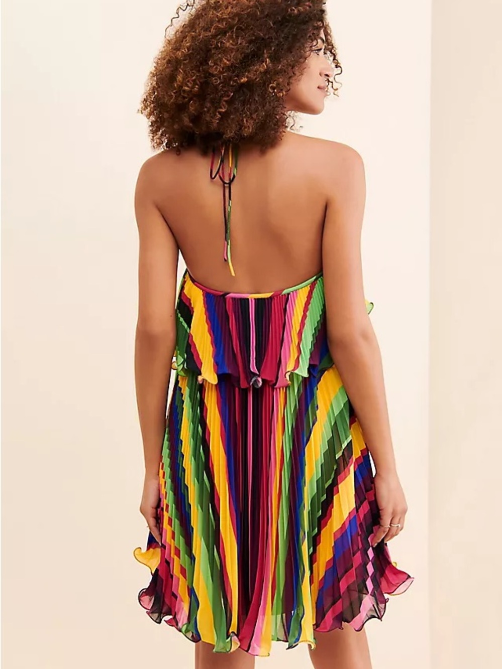 AMUR Sevyn Mini Halter Dress Vibrant Colorful Stripe Pleated Ruffle Size 4 - Picture 6 of 12